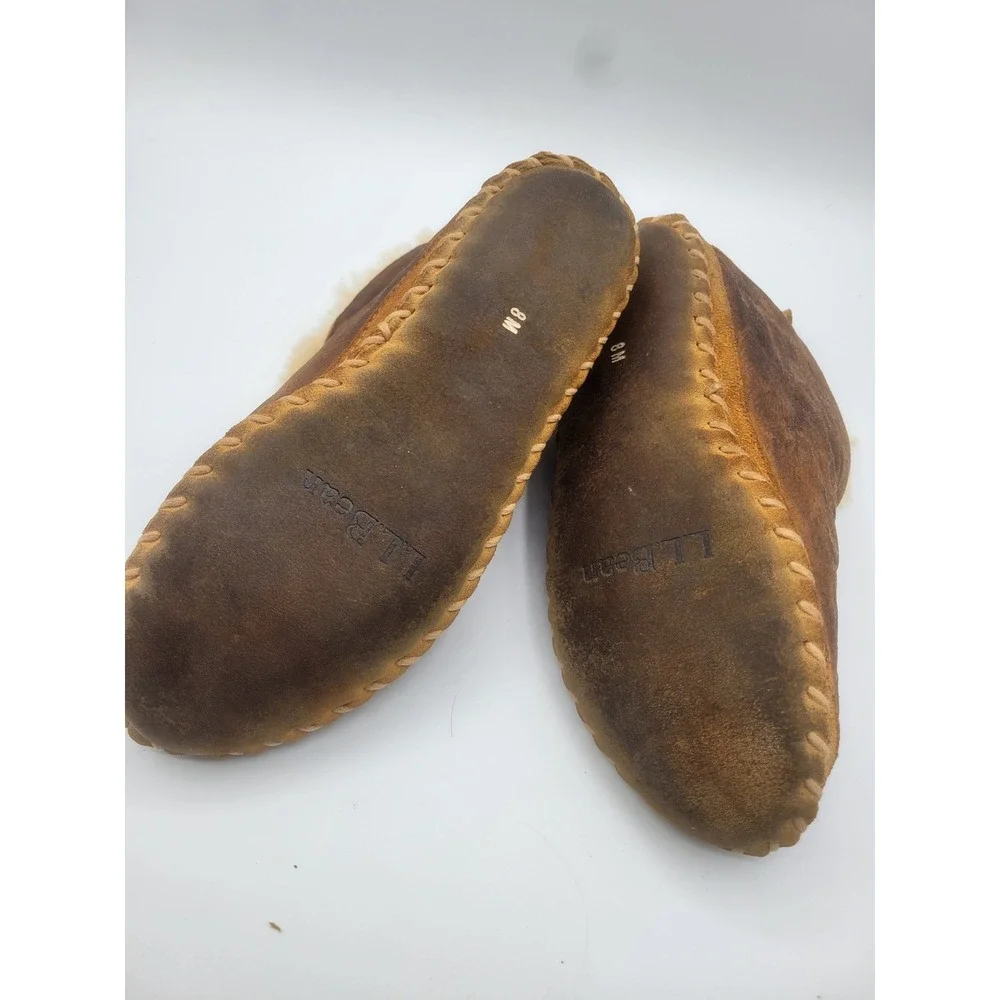LL Bean Wicked Good Shearling Moccasin Slippers Brown Leather Mens 8 M
